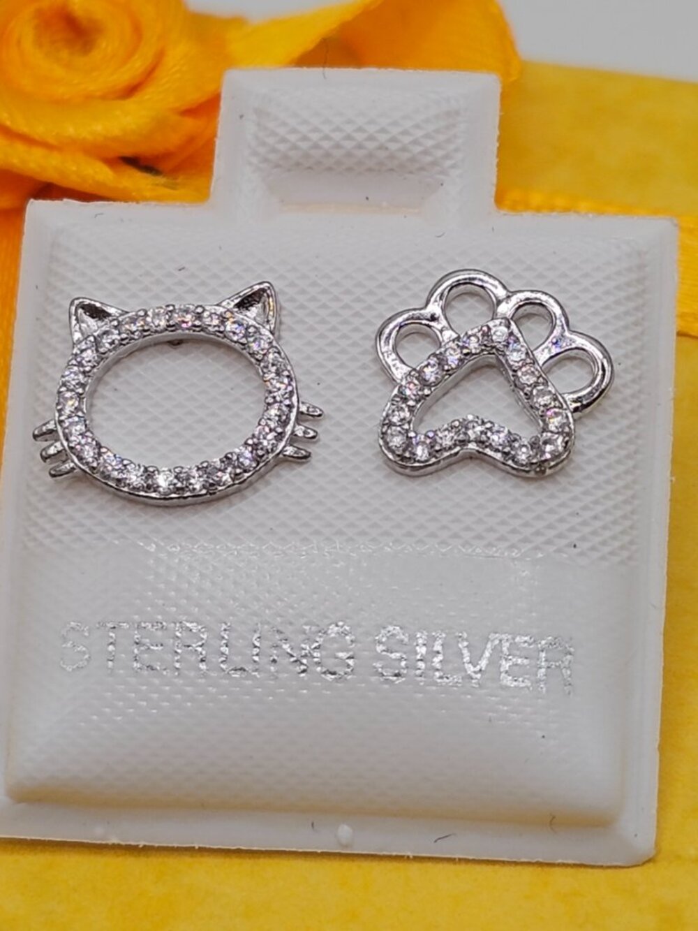 Sterling Silver 925 Rhodium Plated CZ Cat and Paw Stud Earrings